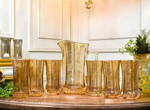 Deluxe Versace Gold Plated Jug with 6 Tall Glasses (Amber)