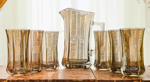 Deluxe Versace Gold Plated Jug with 6 Tall Glasses (Grey)